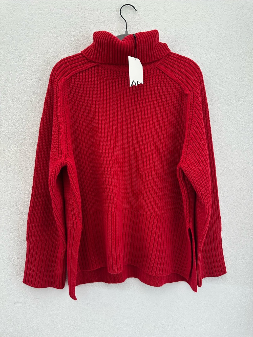 NWT Zara Womens XL Red Chunky Ribbed Turtleneck Sweater Side Slits 3519/130